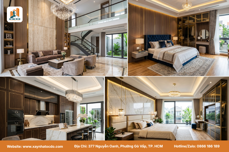 Mẫu nội thất nhà phố hiện đại 2 tầng phong cách Luxury đẳng cấp với phòng khách, bếp và phòng ngủ.