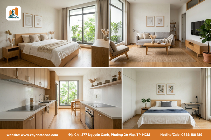 Mẫu nội thất nhà phố hiện đại 2 tầng phong cách Tối giản tinh tế với phòng khách, bếp và phòng ngủ.