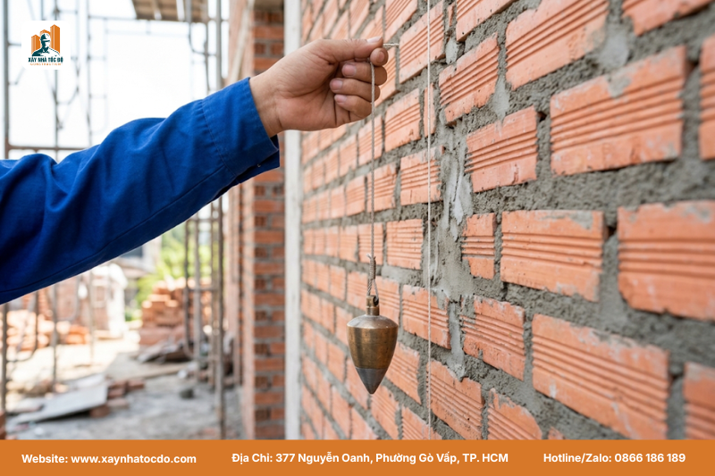 Kiểm tra độ thẳng đứng là bước quan trọng trong quy trình nghiệm thu xây tường.