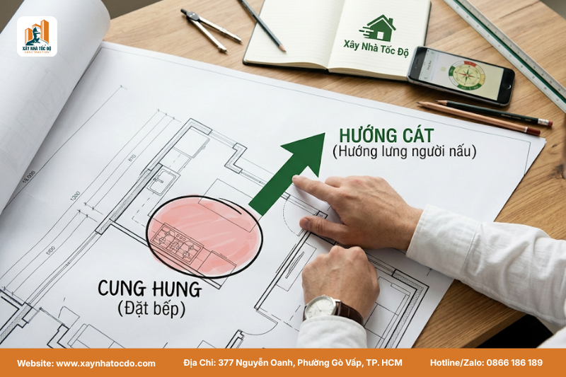 Sơ đồ minh họa cách xem hướng xây bếp theo nguyên tắc Tọa Hung Hướng Cát.