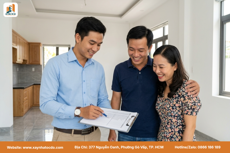 Chủ nhà và kỹ sư cùng xem checklist các hạng mục xây dựng cần nghiệm thu.