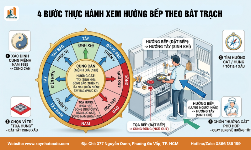 4 bước thực hành xem hướng xây bếp cho gia chủ Đông Tứ Mệnh và Tây Tứ Mệnh.