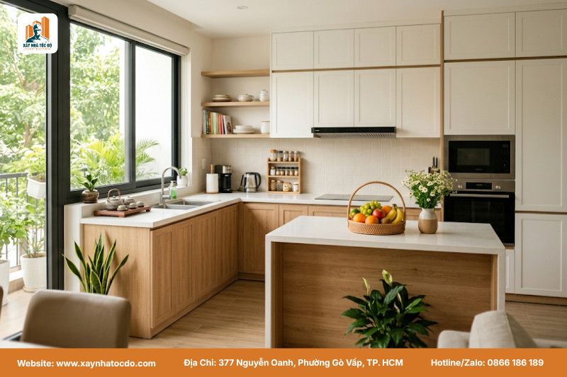Mẫu bếp đẹp sau khi xem hướng xây bếp kỹ lưỡng, đảm bảo công năng và thẩm mỹ.