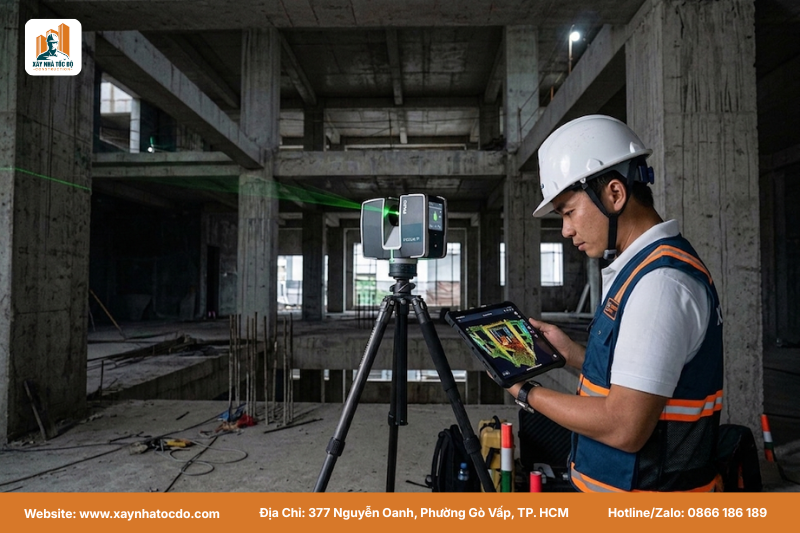 Kỹ sư sử dụng máy quét Laser Scan để đo đạc, phục vụ việc cập nhật bản vẽ hoàn công chuẩn thực tế.