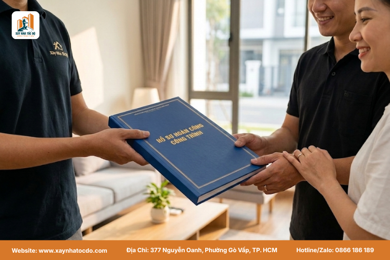 Đội ngũ Xây Nhà Tốc Độ bàn giao bộ hồ sơ có bản vẽ hoàn công đã cập nhật chuẩn thực tế và đóng dấu cho khách hàng.