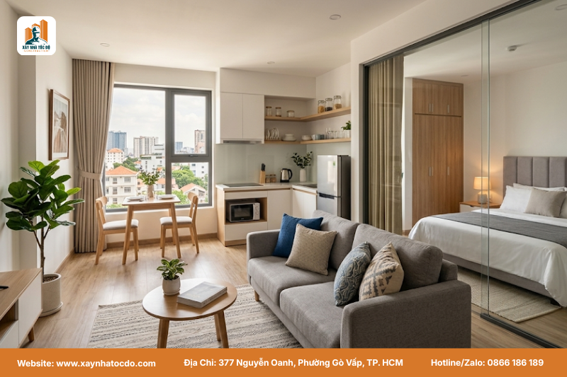 Mẫu nội thất CHDV cơ bản 1 phòng ngủ phong cách hiện đại tối giản, tối ưu chi phí đầu tư.