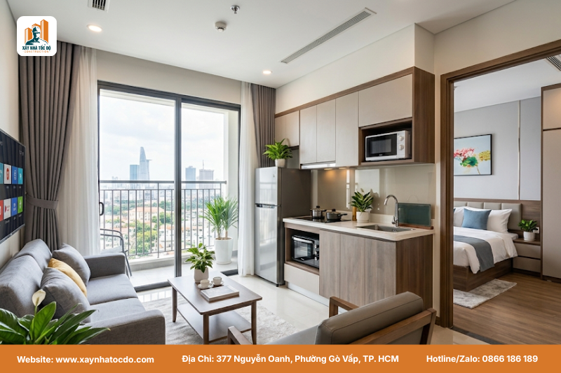 Thiết kế nội thất CHDV cơ bản cho căn 1 phòng ngủ, không gian phòng khách và bếp tích hợp gọn gàn.