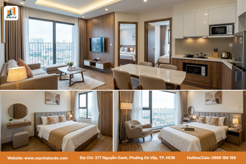 Phương án bố trí nội thất CHDV cơ bản cho căn hộ 2 phòng ngủ tối ưu công năng và lối đi.