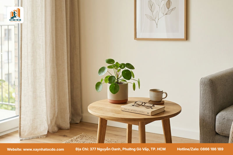 Mẫu nội thất CHDV cơ bản với gam màu trung tính, vân gỗ sáng, không bao giờ lỗi mốt.