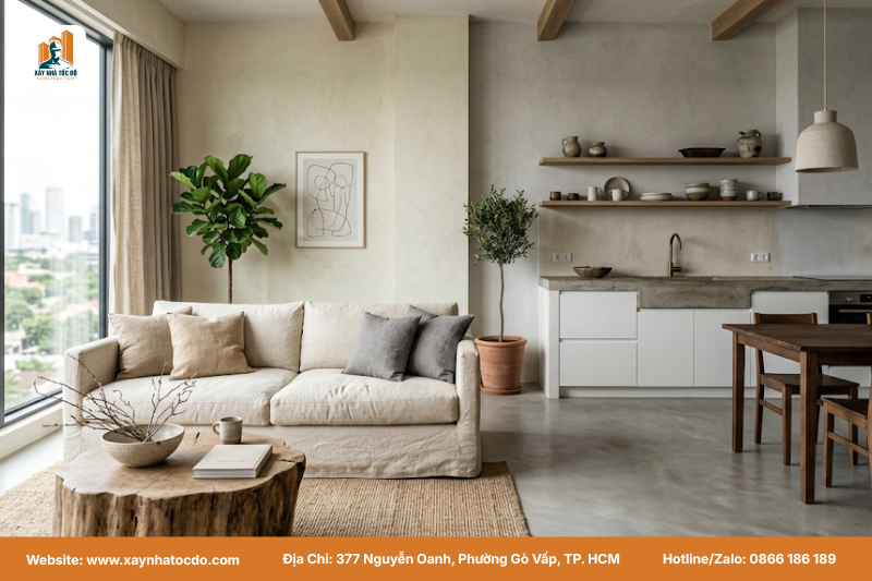 Phối cảnh tổng thể mẫu nội thất CHDV phong cách Wabi Sabi 140m2 với không gian phòng khách và bếp kết nối, tông màu trung tính.