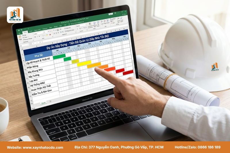 Giao diện mẫu excel theo dõi thi công chuyên nghiệp với biểu đồ Gantt trực quan.
