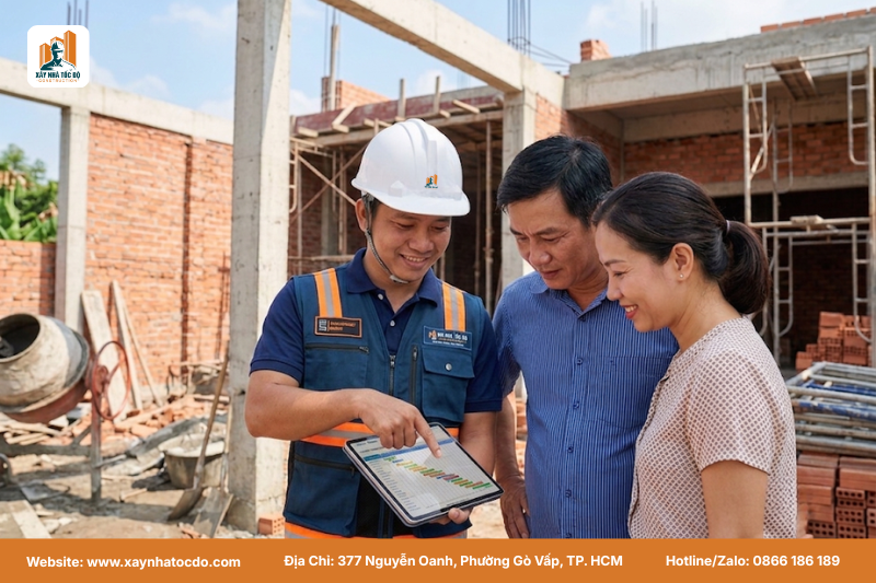 Kỹ sư Xây Nhà Tốc Độ cùng khách hàng sử dụng mẫu excel theo dõi thi công ngay tại công trình.