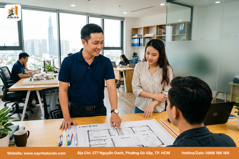 Đội ngũ kỹ sư Xây Nhà Tốc Độ đang tư vấn cho khách hàng về cách xem hướng giường ngủ trên bản vẽ thiết kế.
