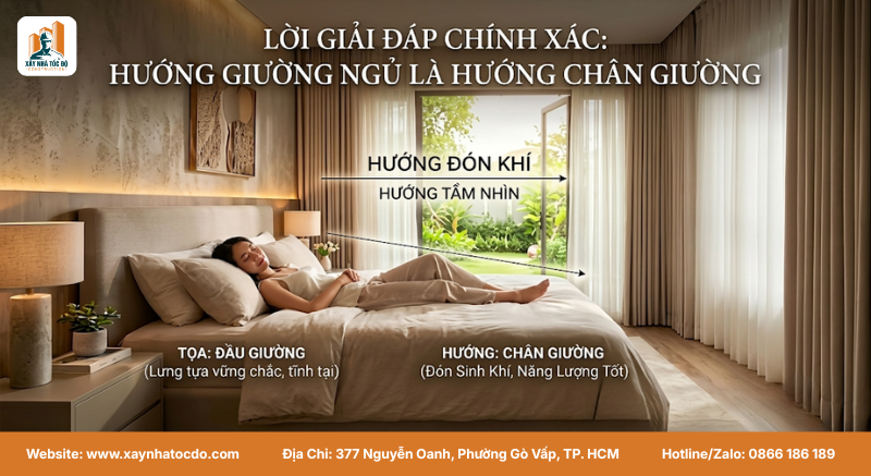 Minh họa cách xem hướng giường ngủ tính từ phía đầu bằng la bàn, giải đáp thắc mắc hướng giường ngủ tính đầu hay chân.