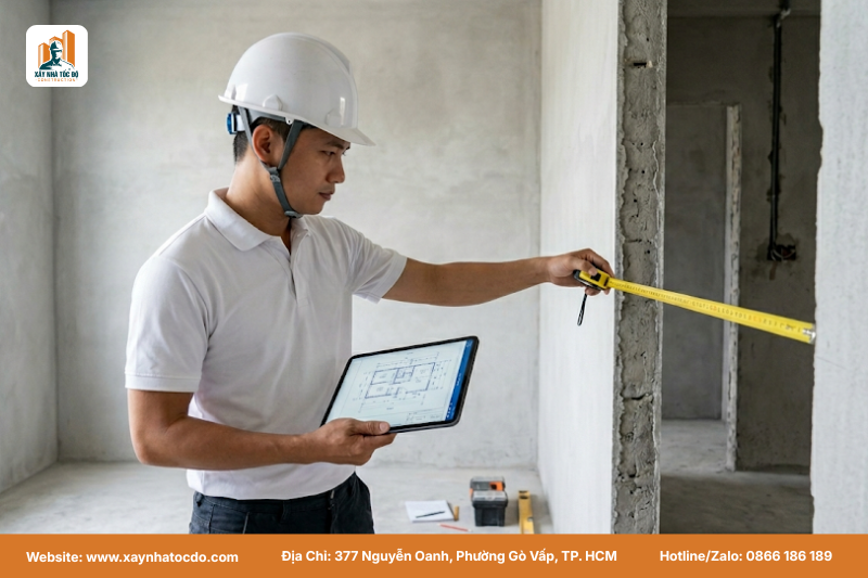 Kỹ sư Xây Nhà Tốc Độ đang kiểm tra việc cập nhật bản vẽ hoàn công chuẩn thực tế tại công trình, đảm bảo độ chính xác 100%.