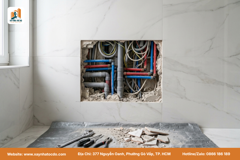 Hình ảnh một bức tường bị đục phá để tìm đường ống nước, minh họa cho rủi ro khi không cập nhật bản vẽ hoàn công chuẩn thực tế.
