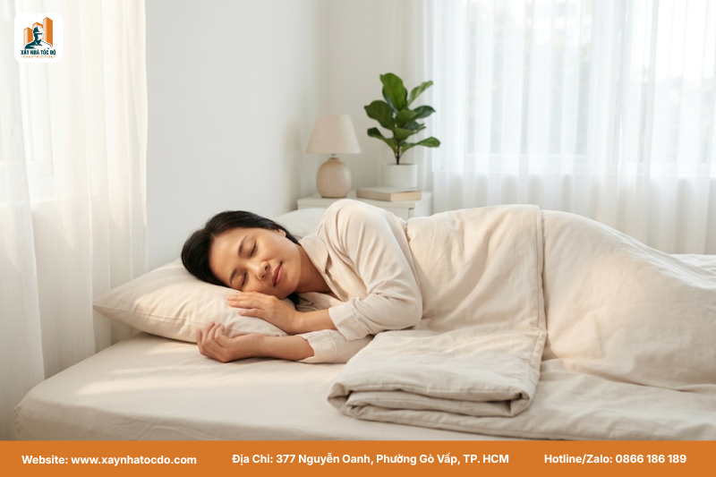 Người phụ nữ ngủ ngon trong phòng ngủ được bố trí đúng sau khi xem hướng giường ngủ, mang lại năng lượng tích cực.