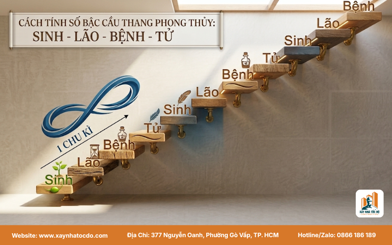 Cách tính bậc thang chuẩn phong thuỷ cầu thang, bậc cuối cùng rơi vào cung Sinh (4n+1).