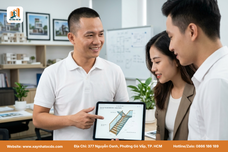 Đội ngũ kỹ sư Xây Nhà Tốc Độ tư vấn giải pháp thi công hợp cầu thang phong thủy.