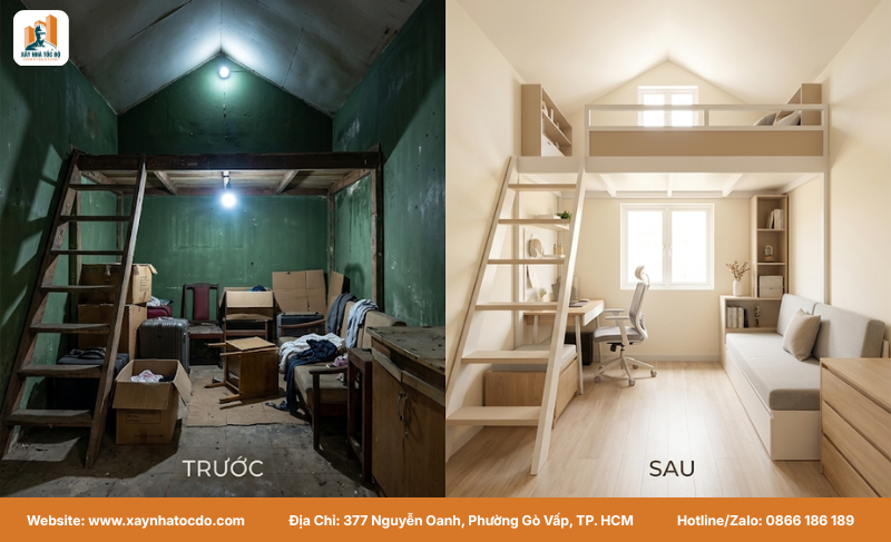 So sánh phòng gác trước và sau khi áp dụng mẹo lựa chọn nội thất chi phí thấp.
