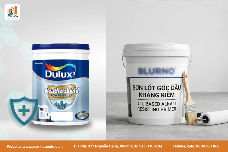 Thùng sơn lót gốc dầu kháng kiềm, một trong các biện pháp sơn nhà mùa mưa hiệu quả.
