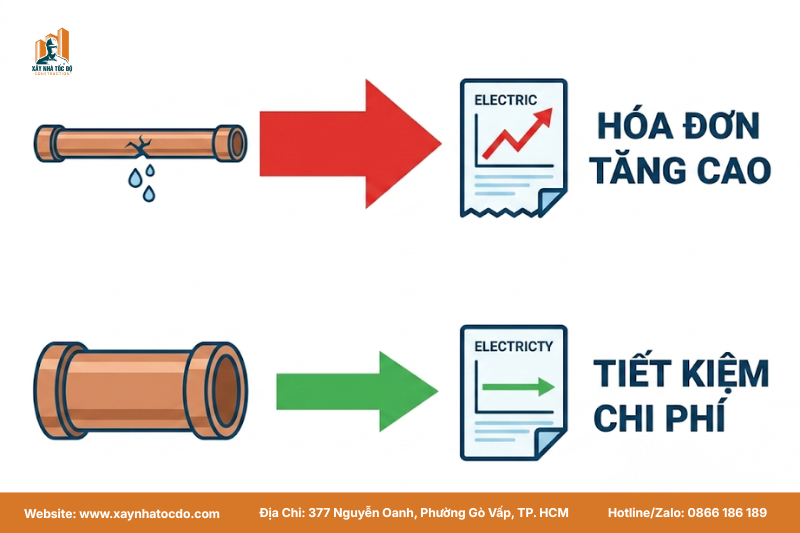  Infographic thể hiện việc lựa chọn độ dày ống đồng không đúng làm tăng hóa đơn tiền điện.