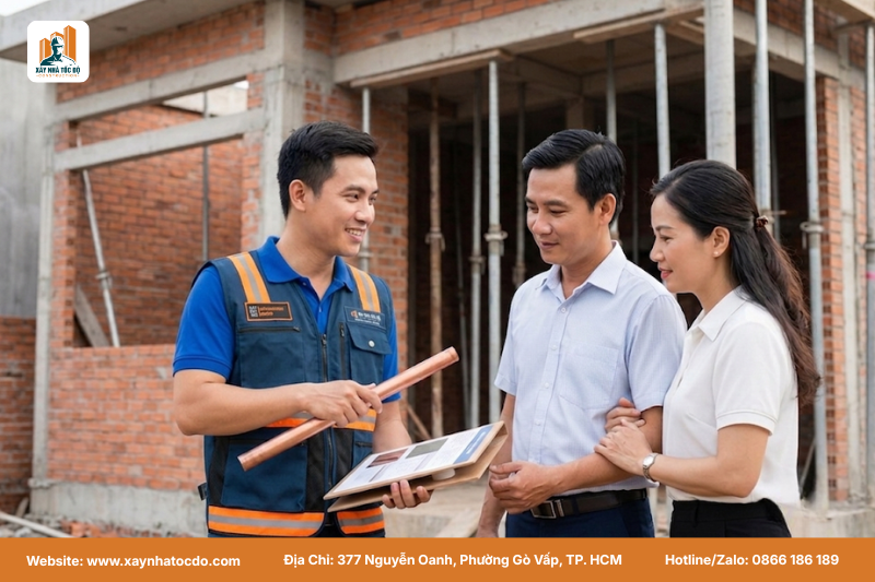 Đội ngũ Xây Nhà Tốc Độ trình mẫu vật tư và tư vấn lựa chọn độ dày ống đồng cho chủ nhà.