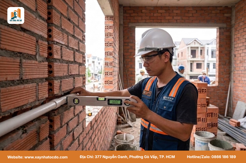 Kỹ sư Xây Nhà Tốc Độ đang đo đạc độ dốc trong quy trình thi công đường ống thoát nước máy lạnh.