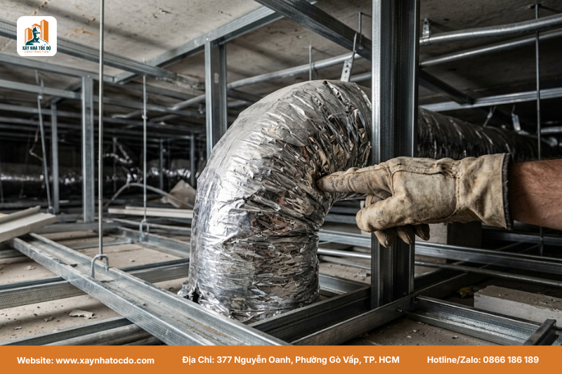 Ống gió mềm bị bẹp gãy do thi công ẩu là một nguyên nhân gây ngộp do HVAC khó phát hiện.