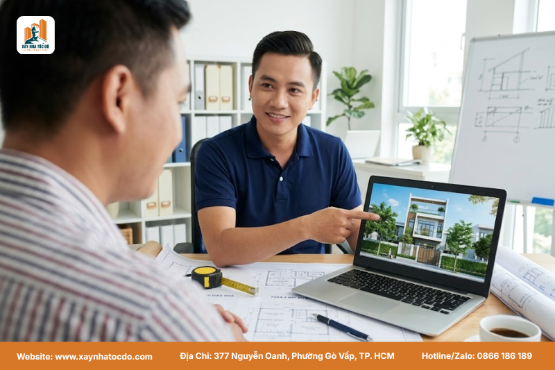 Đội ngũ kỹ sư Xây Nhà Tốc Độ đang thực hiện hướng dẫn ký hợp đồng xây dựng cho khách hàng.