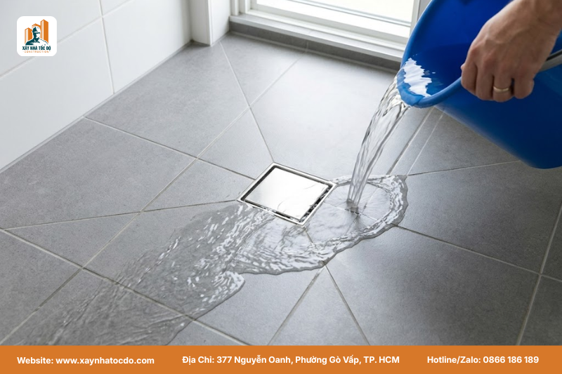 Chủ nhà kiểm tra độ dốc sàn nhà vệ sinh theo hướng dẫn nghiệm thu thanh toán hợp đồng xây dựng.
