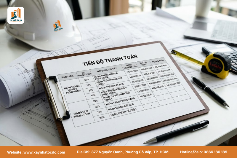Bảng tiến độ thanh toán chi tiết trong hướng dẫn nghiệm thu thanh toán hợp đồng xây dựng của Xây Nhà Tốc Độ.