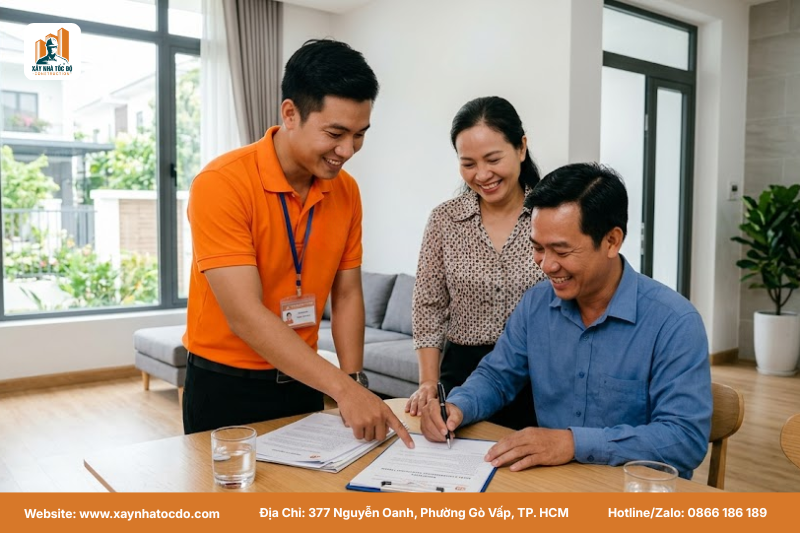 Kỹ sư và chủ nhà cùng ký biên bản sau khi hoàn tất hướng dẫn nghiệm thu thanh toán hợp đồng xây dựng.