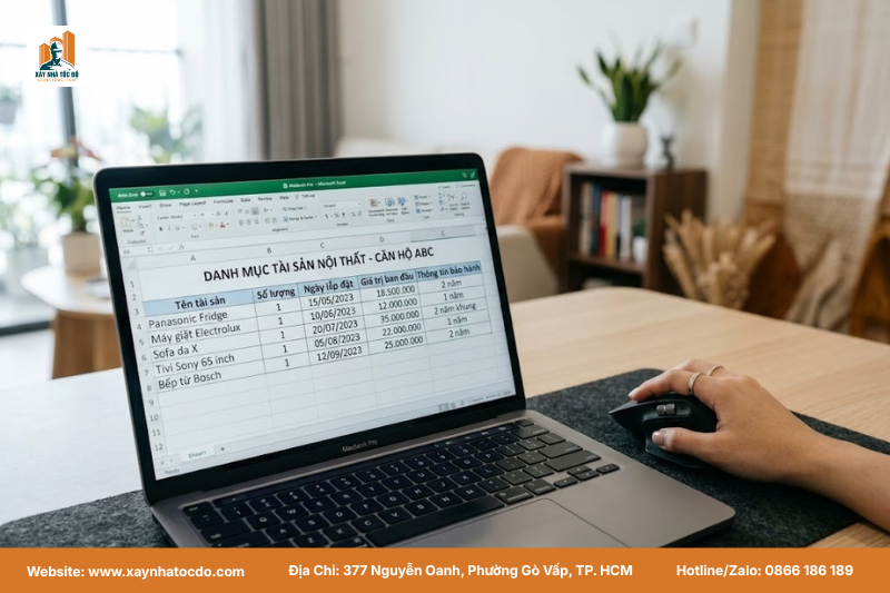 Mẫu file excel trong hướng dẫn quản lý khấu hao và bảo trì nội thất của Xây Nhà Tốc Độ.