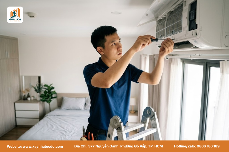 Kỹ thuật viên đang kiểm tra máy lạnh, một phần của hướng dẫn quản lý khấu hao và bảo trì nội thất.