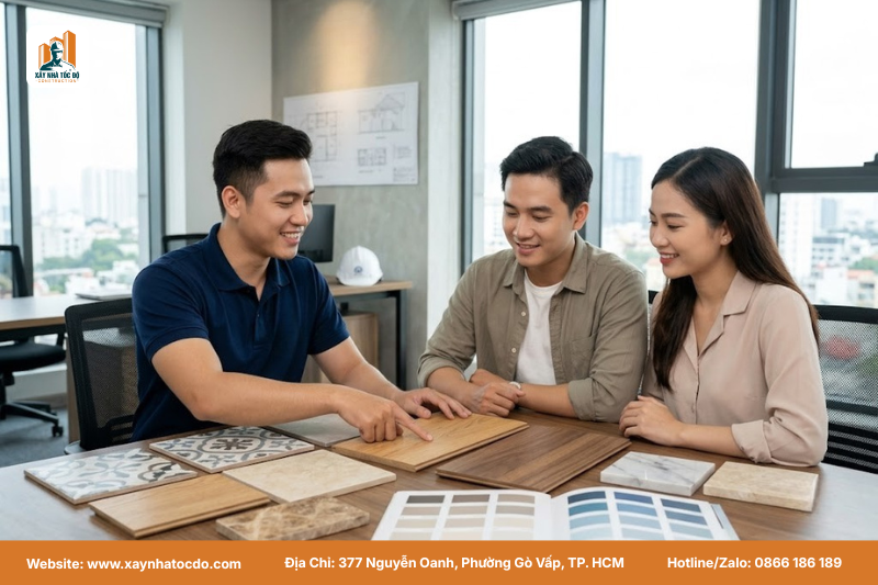 Kỹ sư Xây Nhà Tốc Độ tư vấn vật liệu cho khách hàng, nhấn mạnh vào việc hướng dẫn quản lý khấu hao và bảo trì nội thất.