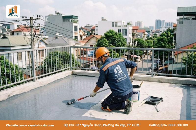 Kỹ sư đang kiểm tra và xử lý chống thấm cho khu vực sân thượng, tuân thủ hướng dẫn kích hoạt chính sách bảo hành.