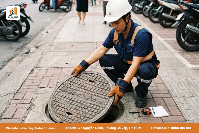 Kỹ sư kiểm tra hệ thống hạ tầng trong quá trình khảo sát mặt bằng thực tế.