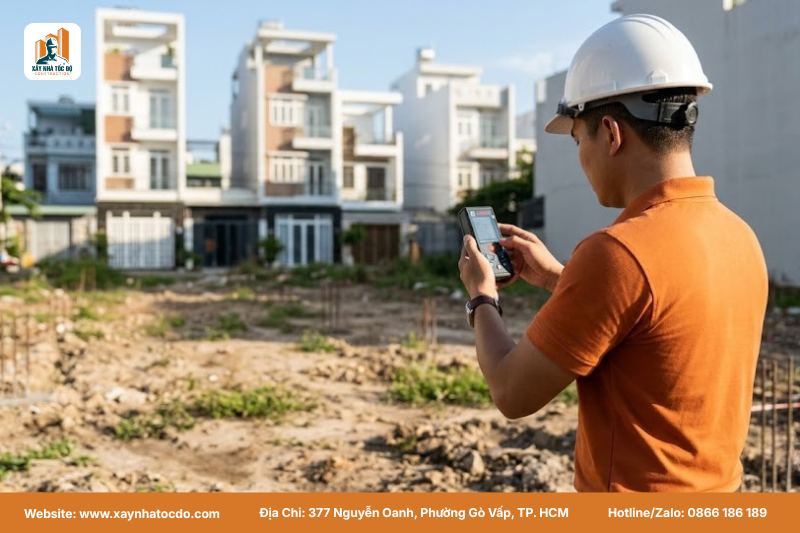 Kỹ sư đang thực hiện khảo sát mặt bằng thực tế cho khách hàng.