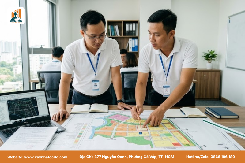 Đội ngũ kỹ sư thực hiện quy trình tư vấn xin phép xây dựng, kiểm tra bản đồ quy hoạch TPHCM.
