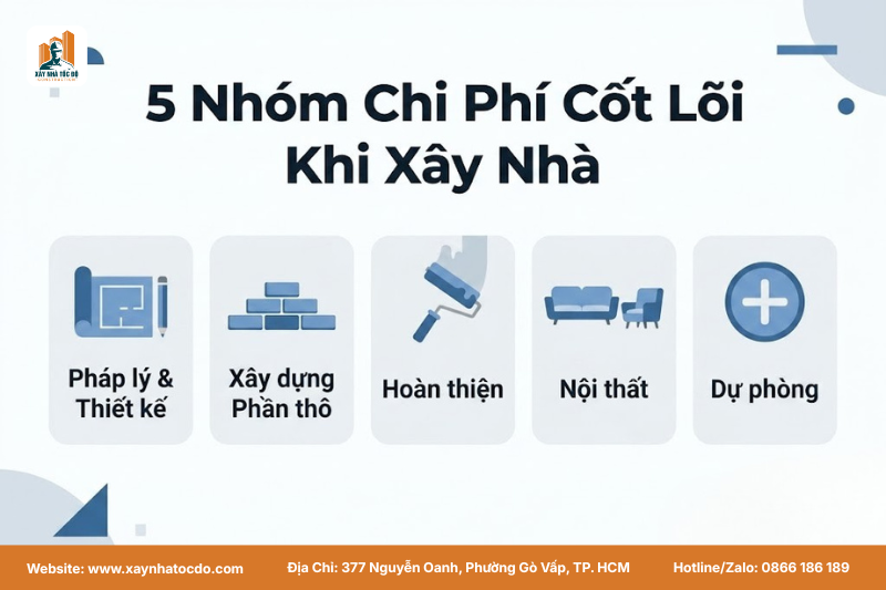Infographic thể hiện 5 nhóm chi phí chính cần lập ngân sách trước khi xây dựng: pháp lý, phần thô, hoàn thiện, nội thất và dự phòng.