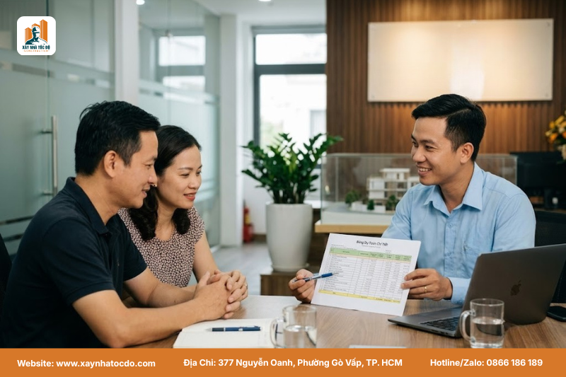 Đội ngũ kỹ sư Xây Nhà Tốc Độ đang tư vấn cho khách hàng về việc vì sao phải lập ngân sách trước khi xây dựng, thể hiện sự chuyên nghiệp và tận tâm.