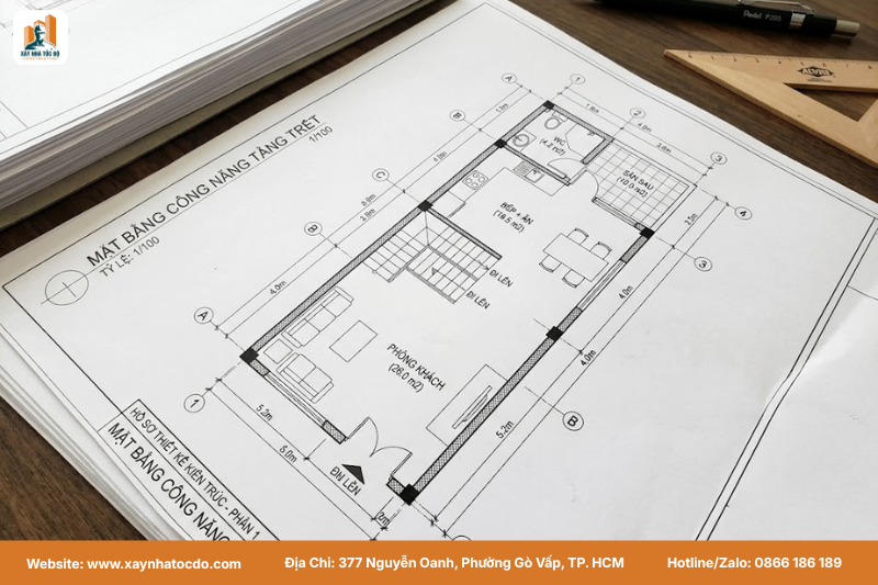 Ví dụ về bản vẽ kiến trúc 2D trong bộ hồ sơ bản vẽ xây nhà, thể hiện mặt bằng công năng.