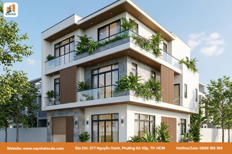 Phối cảnh 3D ngoại thất trực quan hóa ý tưởng từ hồ sơ bản vẽ xây nhà.