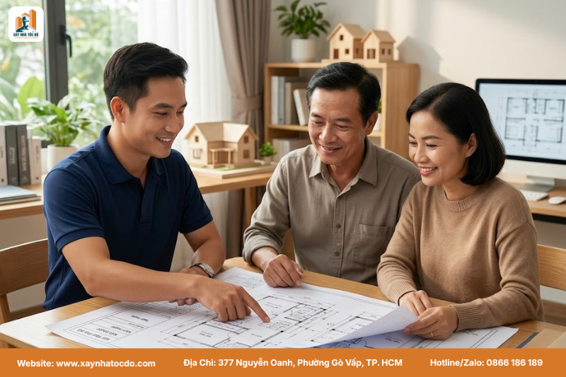 Chủ nhà và kỹ sư cùng kiểm tra hồ sơ bản vẽ xây nhà theo checklist 4 bước.