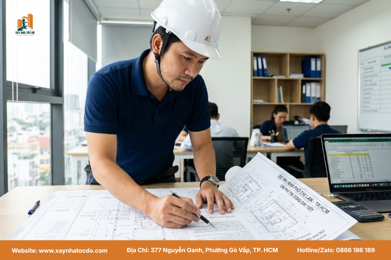 Kỹ sư Xây Nhà Tốc Độ xem xét hồ sơ bản vẽ xây nhà chi tiết để đảm bảo không phát sinh chi phí.