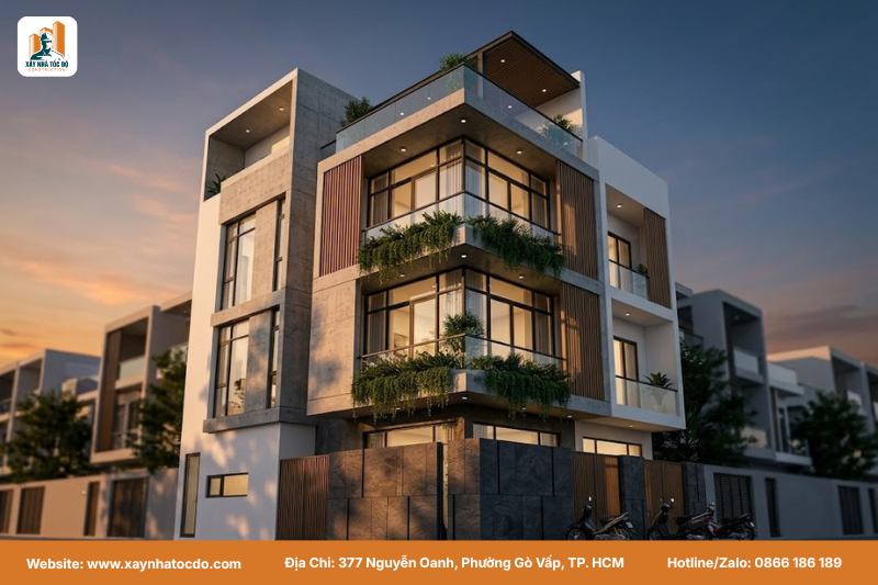 Mô hình 3D phối cảnh kiến trúc nhà phố hiện đại, đáp ứng tiêu chuẩn thiết kế xây nhà tối ưu công năng.