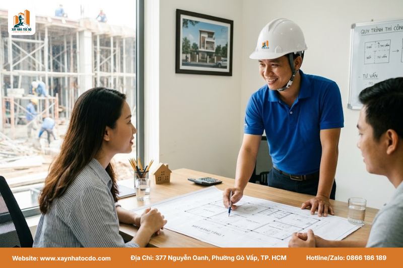 Kỹ sư Xây Nhà Tốc Độ đang tư vấn và đối chiếu bản vẽ theo tiêu chuẩn thiết kế xây nhà cho khách hàng.