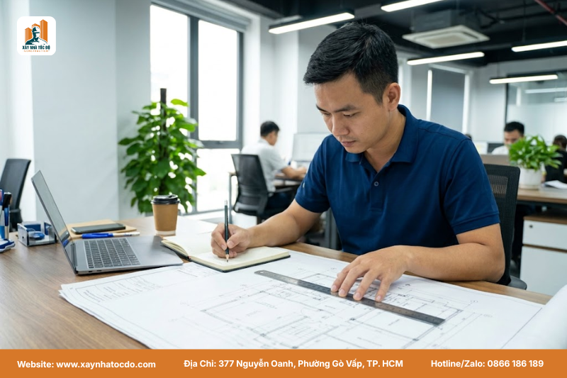 Kỹ sư Xây Nhà Tốc Độ đang bóc tách bản vẽ để lập dự toán VLXD chính xác.