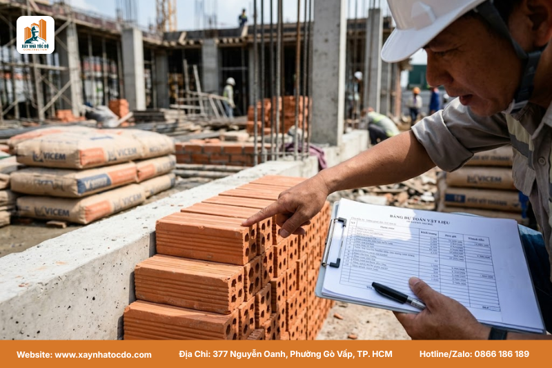 Chủ đầu tư cầm checklist kiểm tra bảng dự toán VLXD trên công trường.